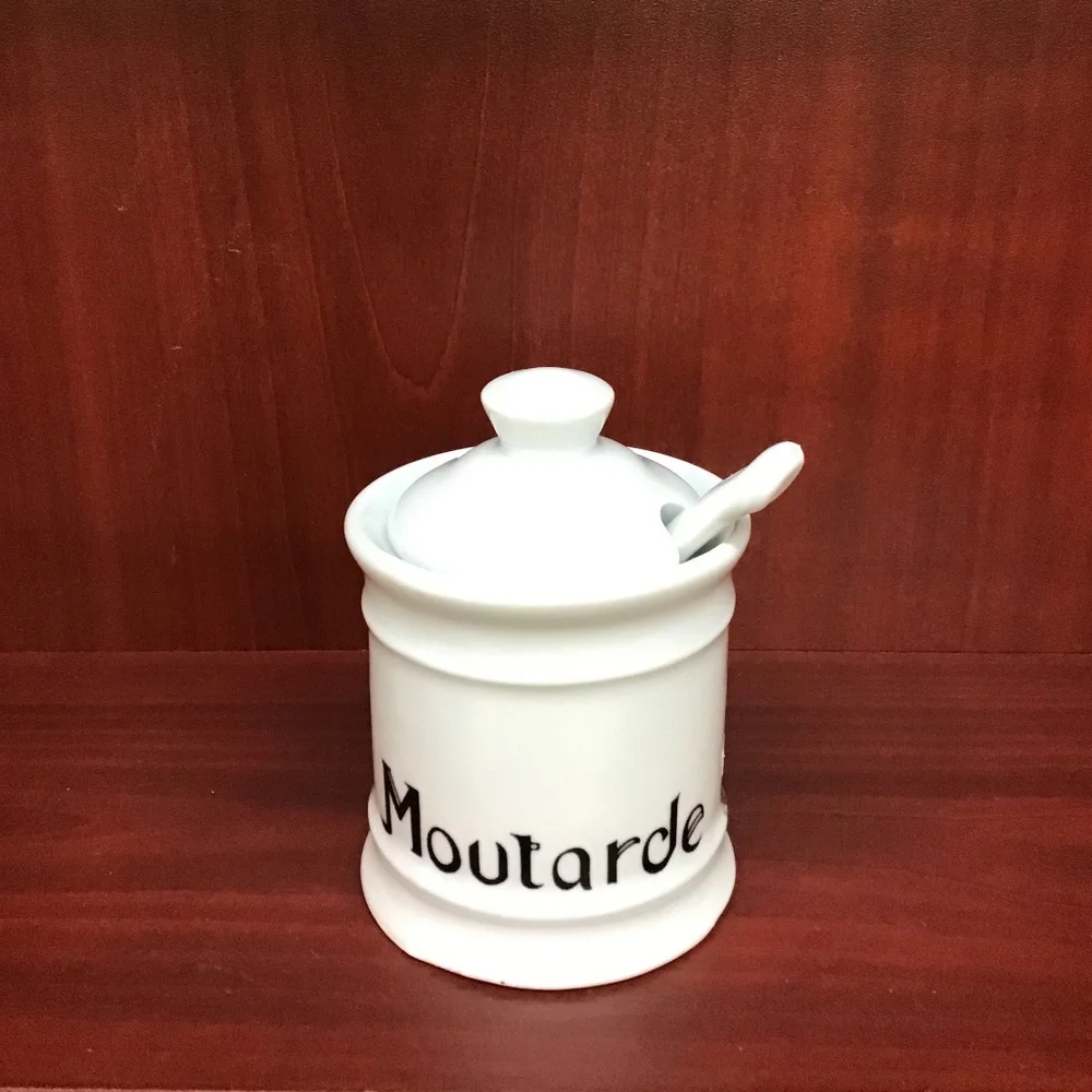 Lourioux Porcelain Moutarde Mustard‎ Pot with Spoon France Chic Kitchen Decor